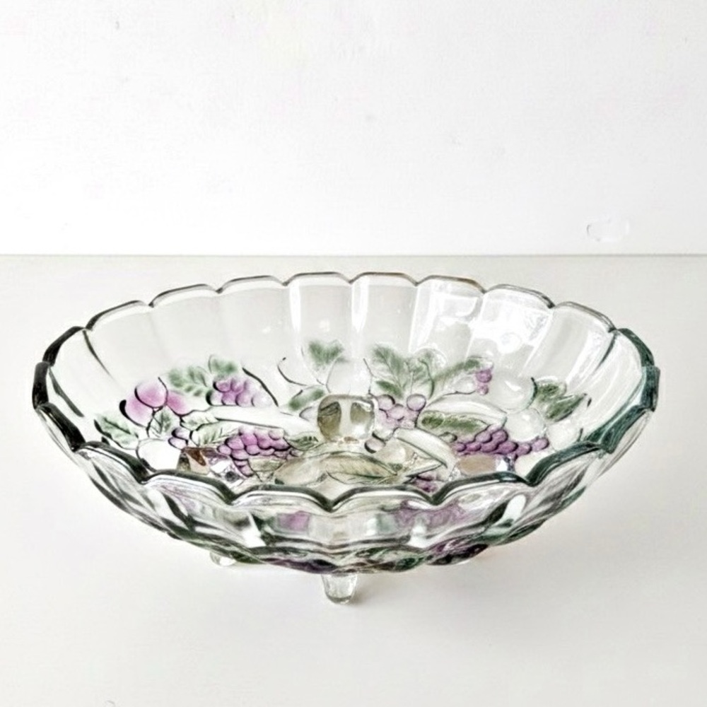 Indiana Glass Oval Footed Scalloped Bowl Mid Century Iridescent Grapes Leaves